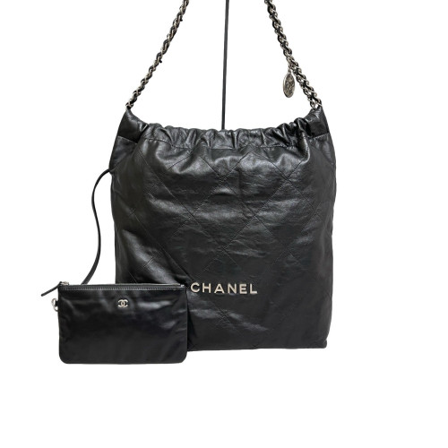 Chanel Quilted Small 22 Bag Crumpled Calfskin Black