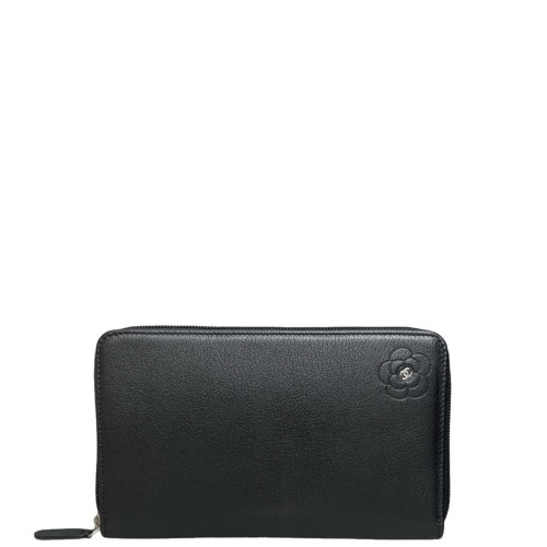Chanel Camellia Zip Around Wallet Calfskin Black