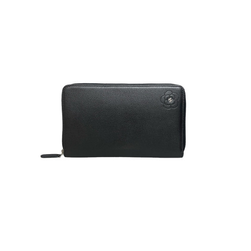 Chanel Camellia Zip Around Wallet Calfskin Black