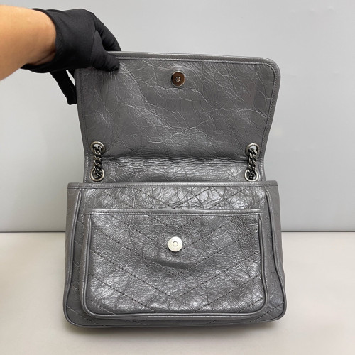 Yves Saint Laurent Medium Niki Messenger Pull Up Leather Grey