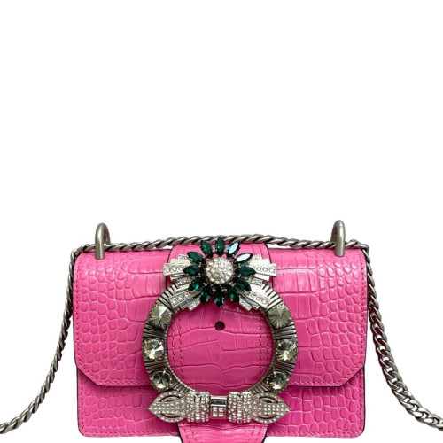 Miu Miu Madras Crystal Embellished Dahlia Shoulder Bag Calfskin Crocodile Embossed Pink Miu Miu Madras Crystal Embellished Dahlia Shoulder Bag Calfskin Crocodile Embossed Pink