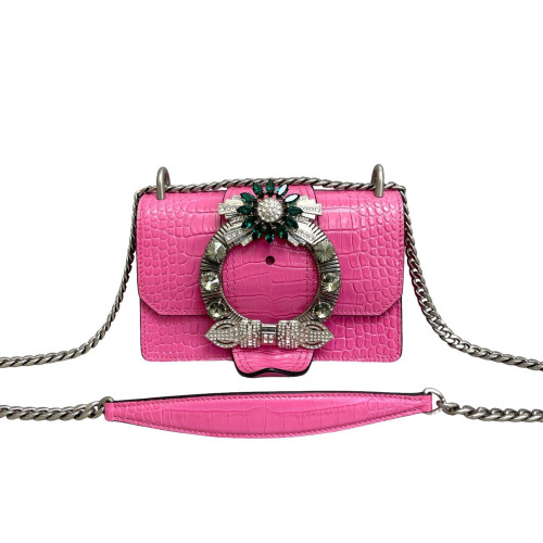 Miu Miu Madras Crystal Embellished Dahlia Shoulder Bag Calfskin Crocodile Embossed Pink Miu Miu Madras Crystal Embellished Dahlia Shoulder Bag Calfskin Crocodile Embossed Pink