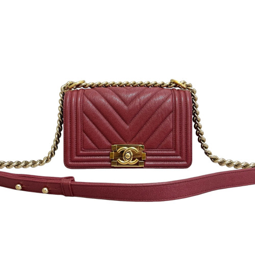 Chanel Chevron Quilted Mini Boy Flap Grained Calfskin Burgundy