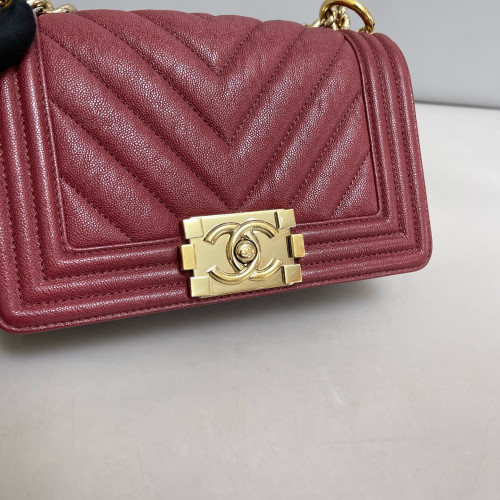 Chanel Chevron Quilted Mini Boy Flap Grained Calfskin Burgundy