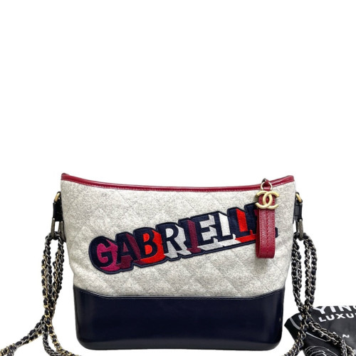Chanel Embroidered Quilted Medium Gabrielle Hobo Woolen Grey Navy Red