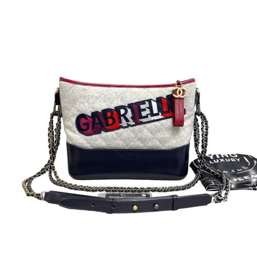 Chanel Embroidered Quilted Medium Gabrielle Hobo Woolen Grey Navy Red