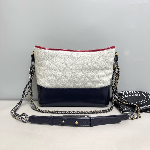 Chanel Embroidered Quilted Medium Gabrielle Hobo Woolen Grey Navy Red