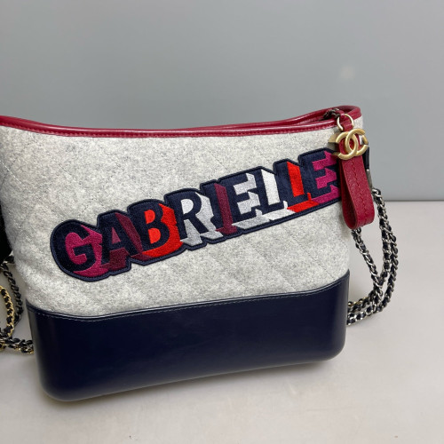 Chanel Embroidered Quilted Medium Gabrielle Hobo Woolen Grey Navy Red