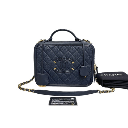 Chanel Quilted Large Vanity Case Grained Calfskin Blue Chanel Quilted Large Vanity Case Grained Calfskin Blue