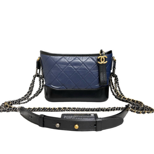 Chanel Quilted Small Gabrielle Hobo Crumpled Calfskin Blue Black