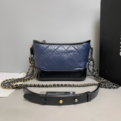 Chanel Quilted Small Gabrielle Hobo Crumpled Calfskin Blue Black