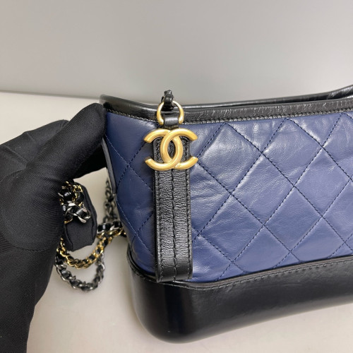 Chanel Quilted Small Gabrielle Hobo Crumpled Calfskin Blue Black