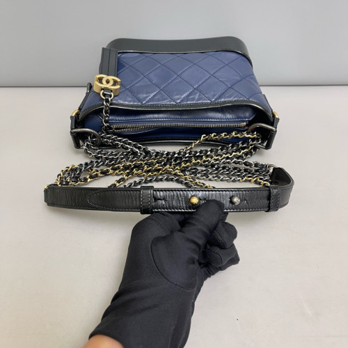 Chanel Quilted Small Gabrielle Hobo Crumpled Calfskin Blue Black
