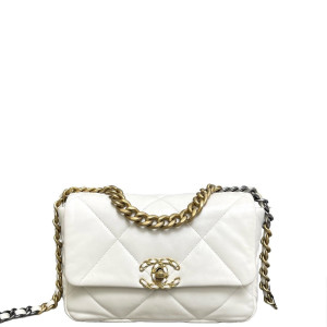 Chanel Quilted Small 19 Flag Lambskin White