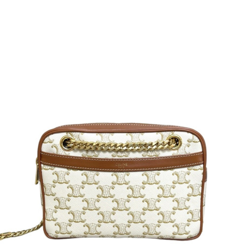 Celine Small Patapans Shoulder Bag Triomphe Calfskin White Brown