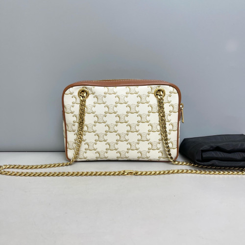Celine Small Patapans Shoulder Bag Triomphe Calfskin White Brown