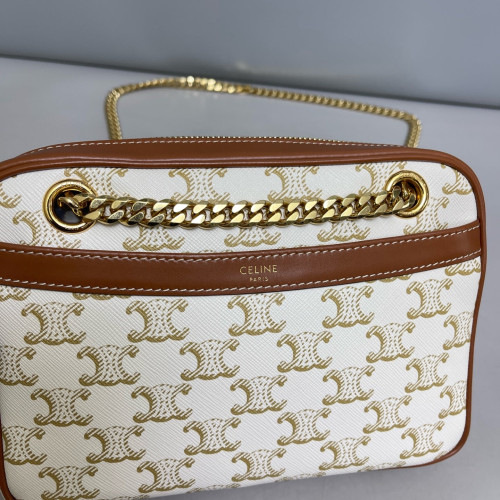 Celine Small Patapans Shoulder Bag Triomphe Calfskin White Brown