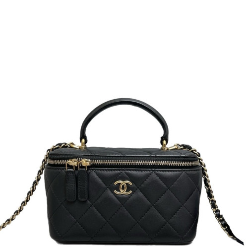Chanel Quilted Top Handle Vanity Case With Chain Calfskin Black