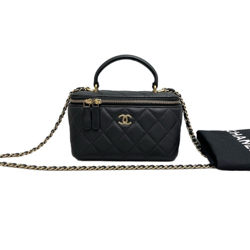 Chanel Quilted Top Handle Vanity Case With Chain Calfskin Black