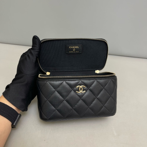 Chanel Quilted Top Handle Vanity Case With Chain Calfskin Black