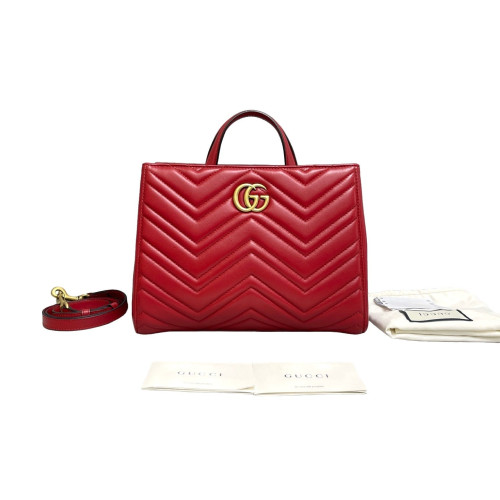 Gucci Matelasse GG Marmont Shoulder Tote Bag Calfskin Red