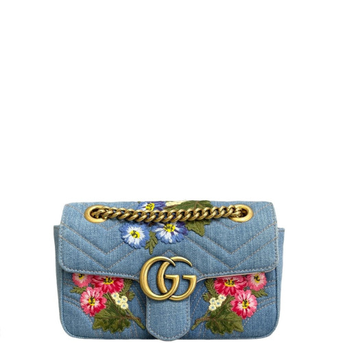 Gucci Embroidered Matelasse Mini GG Marmont Denim Blue