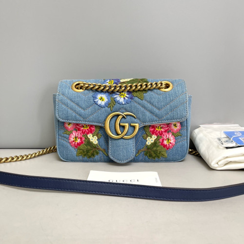 Gucci Embroidered Matelasse Mini GG Marmont Denim Blue