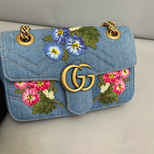 Gucci Embroidered Matelasse Mini GG Marmont Denim Blue
