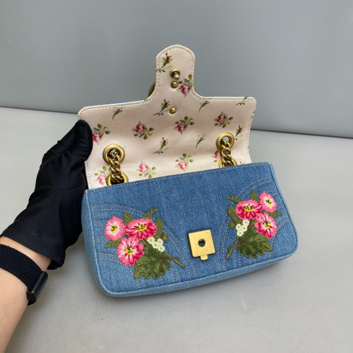 Gucci Embroidered Matelasse Mini GG Marmont Denim Blue