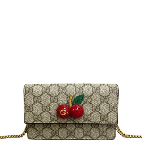 Gucci Mini Cherry Chain Wallet GG Supreme Monogram Beige Red Green