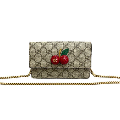 Gucci Mini Cherry Chain Wallet GG Supreme Monogram Beige Red Green