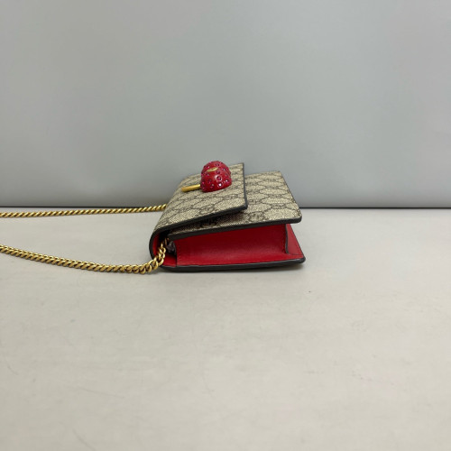 Gucci Mini Cherry Chain Wallet GG Supreme Monogram Beige Red Green