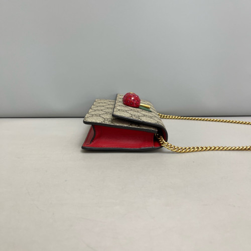Gucci Mini Cherry Chain Wallet GG Supreme Monogram Beige Red Green