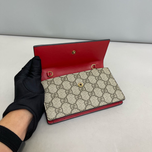 Gucci Mini Cherry Chain Wallet GG Supreme Monogram Beige Red Green