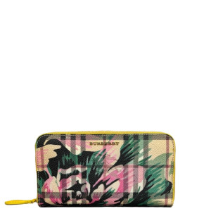 Burberry Print Continental Wallet House Check Calfskin Yellow Pink Green