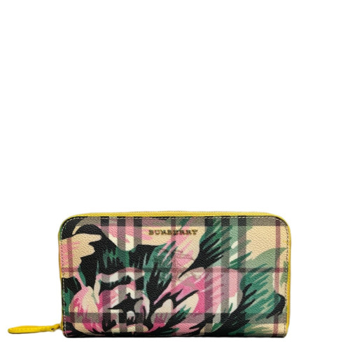 Burberry Print Continental Wallet House Check Calfskin Yellow Pink Green