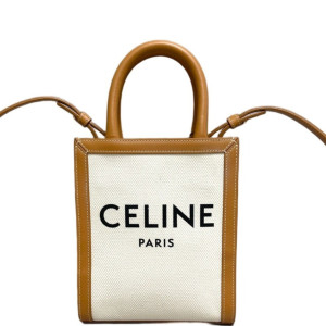 Celine Mini Vertical Cabas Canvas Calfskin White Tan