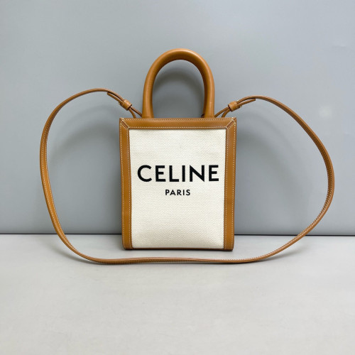 Celine Mini Vertical Cabas Canvas Calfskin White Tan