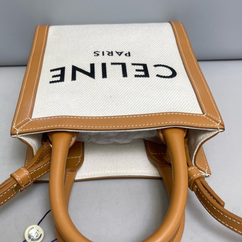 Celine Mini Vertical Cabas Canvas Calfskin White Tan