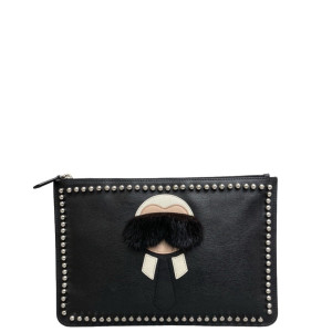 Fendi Studded Bill Pouch Saffiano Calfskin Black White