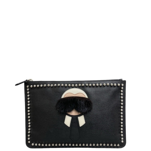 Fendi Studded Bill Pouch Saffiano Calfskin Black White