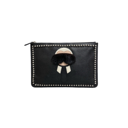 Fendi Studded Bill Pouch Saffiano Calfskin Black White