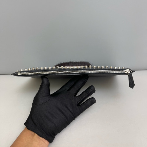 Fendi Studded Bill Pouch Saffiano Calfskin Black White