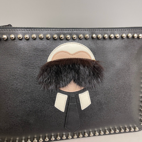 Fendi Studded Bill Pouch Saffiano Calfskin Black White