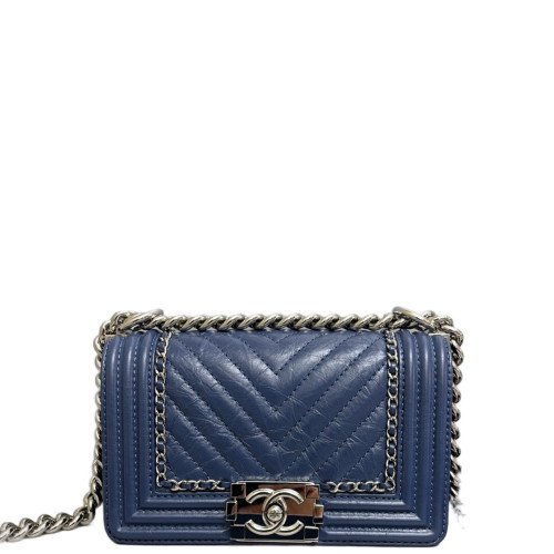 Chanel Quilted Mini Boy Flap Pull Up Leather Blue