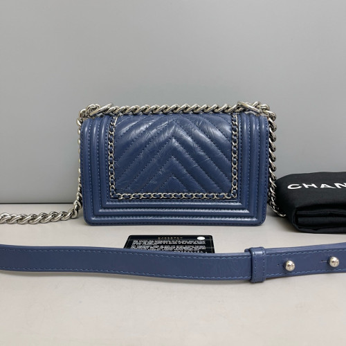 Chanel Quilted Mini Boy Flap Pull Up Leather Blue