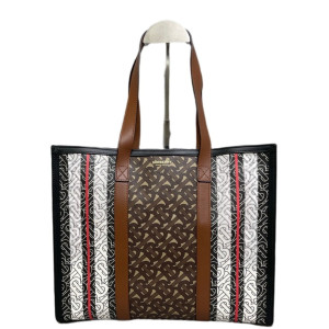 Burberry Stripe Book Tote Monogram Calfskin Brown Black White