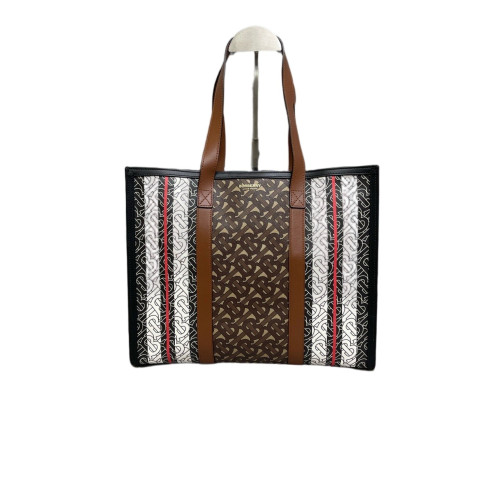 Burberry Stripe Book Tote Monogram Calfskin Brown Black White
