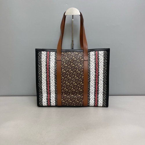 Burberry Stripe Book Tote Monogram Calfskin Brown Black White