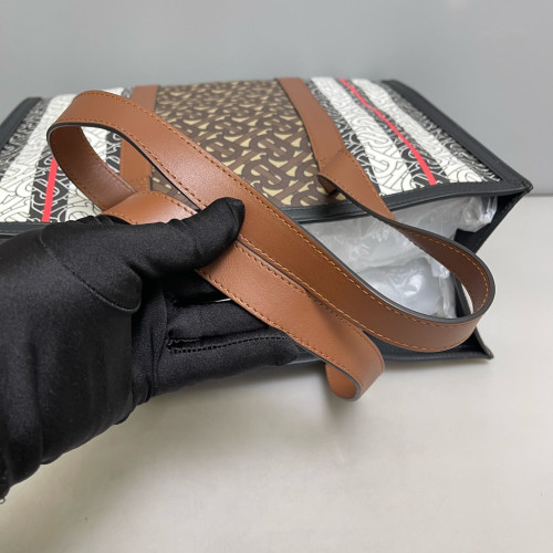 Burberry Stripe Book Tote Monogram Calfskin Brown Black White